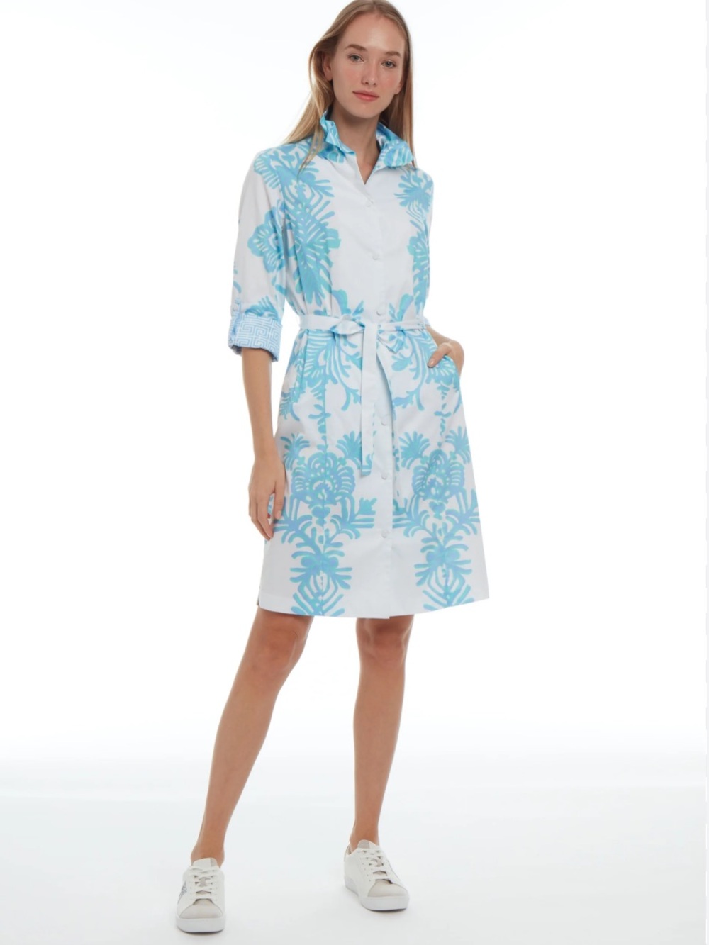 PATTY KIM Blue and White Elizabeth Dress Belted with Pockets